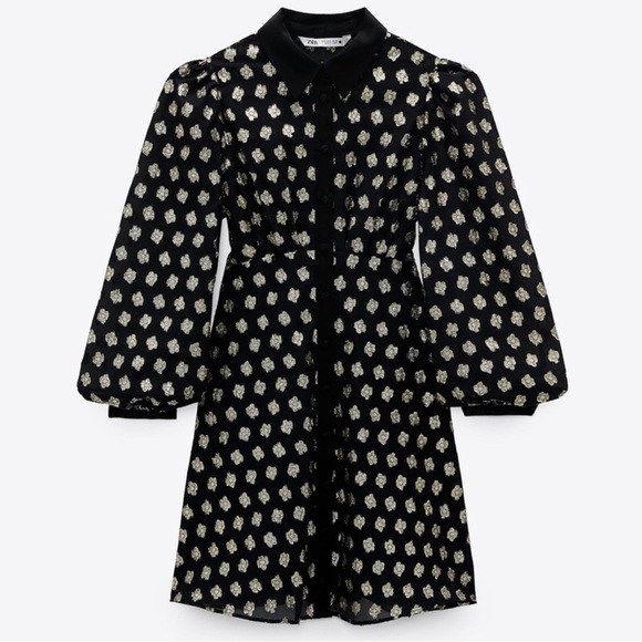 Zara Black with Gold Metallic Polka Dots Aline Button Up Holiday Dress - Picture 3 of 6